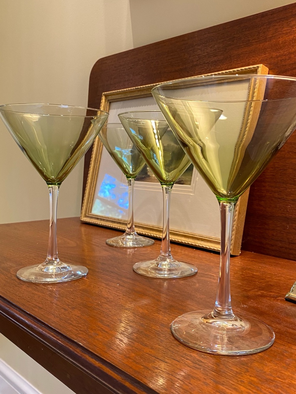 Set of 4 larger olive/ moss green martini glasses MCM vintage. Each perfect .